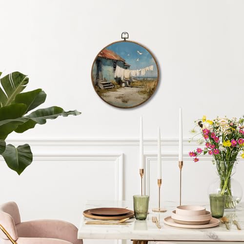 JUIOEIU Vintage Farmhouse Laundry Day Round Wall Decor, Rustic Country Framed Canvas Prints, Coastal Seaside Landscape Wall Art Hanging Decorations for Washroom Bathroom Laundry Room Decor, 10x10in - color: Laundry room09