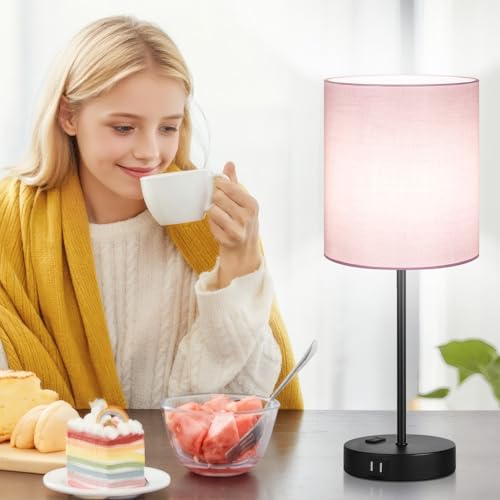 Lynnoland Set of 2 Touch Control Table Lamps, 3-Way Dimmable Bedside Nightstand Lamps for Bedroom Living Room Nursery, 800 Lumens 5000K Warmlight Bulbs Included - color: (2 Pack)Pink & Black(Base)-5000K Bulbs Included