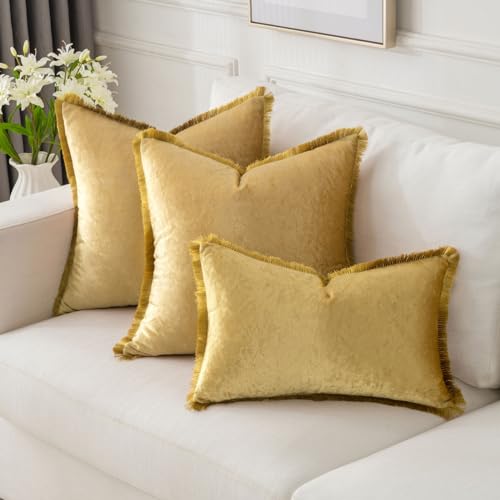 FUTEI Gold Velvet Decorative Throw Pillow Covers 20x20 Set of 2,Soft Cozy Edge with Tassels Cushion Case,Boho Modern Home Decor for Couch Bed Living Room - color: Gold, size: 20" x 20" (Pack of 2)