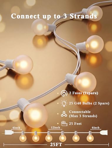 Abeja Outdoor Frosted String Lights G40-25Ft with 27 Clear Bulbs, UL Listed for Patio Garden Umbrella Bars Balcony Party Decor Indoor, E12 Base, 5W, White - color: 25FT Frosted White-White, size: 25FT