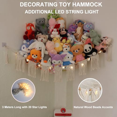 Large Stuffed Animal Hammock or Net, Macrame Boho Toy Hammock with LED Light, Decorate Net for Stuffed Animals Corner, Space Saving Hanging Stuff Animal Organizer Holder for Kids Bedroom Playroom - style: B