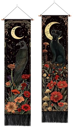 ARTCREATOR Pack of 2 Gothic Wall Decor Whimsical Dark Academia Decor, Black Cat Crow Tapestry Mystical Witchy Moon Vertical Tapestries for Bedroom Aesthetic Alt Room (12.8 x 51.2 inches) - color: Black