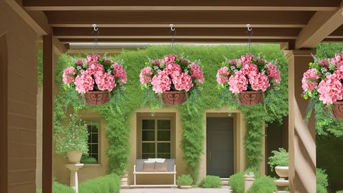 Artificial Hanging Hydrangea Flowers with Basket for Outdoor Spring Decoration, Fake Silk Hydrangea Flower Outdoor Indoor Arrangements, Fake Hanging Plants for Balcony Garden Yard Decor(Champagne) - color: Z-champagne With Basket