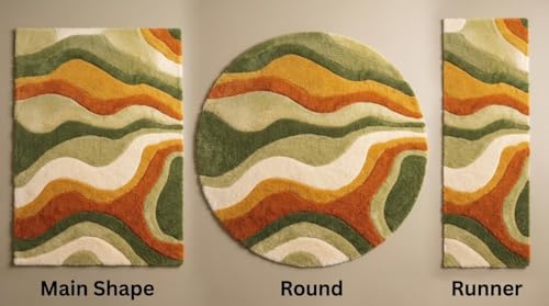 Hand Tufted Abstract Area Rug Wool Modern Wavy Pattern Carpet in Rust Orange Olive Green Cream for Living Room Bedroom Boho Decor Soft Plush Handmade Contemporary Floor Rug (2x2 ft / 60x60 cm)
