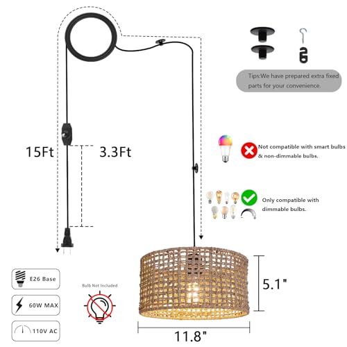 HuisMier Plug in Pendant Light with Hand Woven Rattan Lampshade, Dimmable Hanging Lamp with 15 FT Plug in Cord, Boho Pendant Light Fixture for Bedroom Kitchen Island Dinning Table - color: Beige Drum