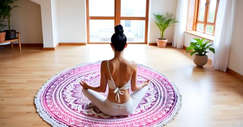 Round Beach Tapestry Mandala Boho Hippie Blanket Indian Cotton Bohemian Large Table Cloth Home Decor Yoga Mat Meditation Picnic Rug Hawaii Sunproof Throw Hippy Boho Gypsy Tablecloth Shawl Roundie (42 - color: White And Pink, size: 42"L x 42"W