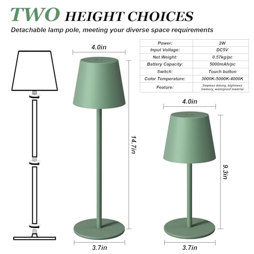 Kakanuo Cordless Table Lamp Rechargeable Green - KK 2 Pack 5000mAH Battery Operated Lamp for Dining Table, 3 Color Stepless Dimming Wireless Lamp for Counter, Outdoor Patio, Touch Control - color: Green, size: 2 Pack 14in - Down Light