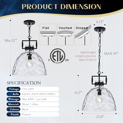 Glass Pendant Light, 13.8 Inch Single Hanging Ceiling Light with Adjustable Chain, E26 Base Oversized Hammered Clear Glass Kitchen Island Pendant Lighting in Matte Black for Dining Room, Entryway - color: Large Black