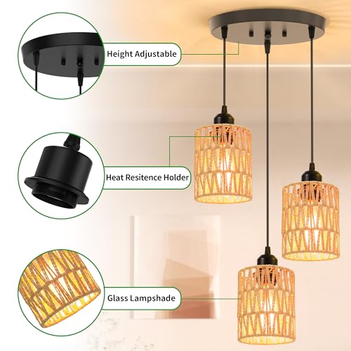 3 Light Pendant Lighting, Farmhouse Hanging Light Fixture for Kitchen Island & Dining Room, Industrial Vintage Ceiling Lamp with E26 Base, Adjustable Height, Rattan Pendant Light - color: Round Base – Rattan Pendant
