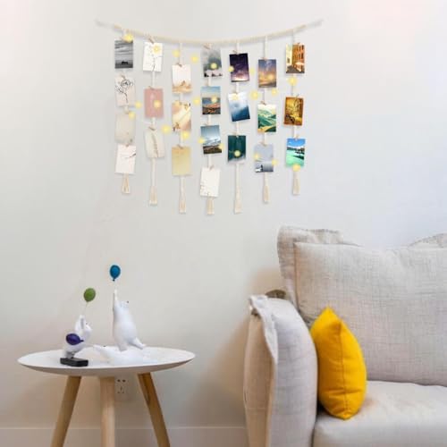 Macrame Hanging Photo Display with String Lights,Boho Wall Decor Picture Card Frame Holder with 45 Clips for Teen Room, Beach Room Decor, Hanging Photo Display with Clips