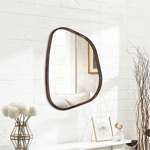Asymmetrical Accent Mirror for Wall Irregular Oval Wood Frame Modern Unique Wall Mirrors Decorative Boho Vanity Bathroom Living Room Bedroom Entryway Hallway Artistic Wavy Mirror Small 16"x12" - color: Light Tan, size: 16"L x 12"W