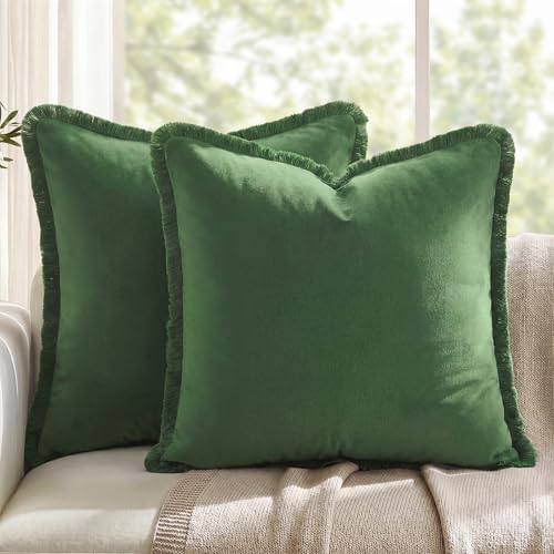 HOMEIDEAS Olive Green Velvet Throw Pillow Covers 20x20 Set of 2, Luxury Decorative Pillow Covers with Short Fringe Tassels, Modern Farmhouse Boho Cushion Covers for Sofa Couch Bed Neutral Home Decor - color: Olive Green, size: 20" x 20" (Pack of 2)