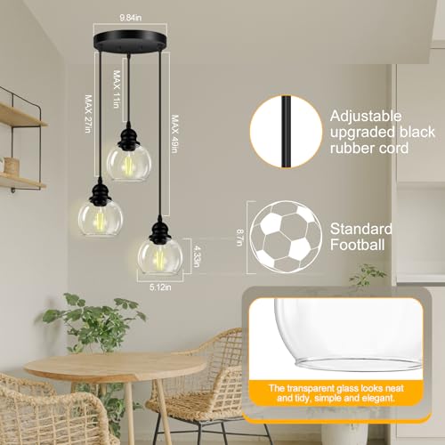 3-Light Pendant Light, Globe Cluster Hanging Light with Clear Glass Shade, Matte Black Pendant Lighting Adjustable Hanging Height Industrial Ceiling Light for Kitchen Island Bedroom(E26 Base,No Bulb) - size: 3Light - D 5.12 IN