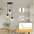 3-Light Pendant Light, Globe Cluster Hanging Light with Clear Glass Shade, Matte Black Pendant Lighting Adjustable Hanging Height Industrial Ceiling Light for Kitchen Island Bedroom(E26 Base,No Bulb) - size: 3Light - D 5.12 IN