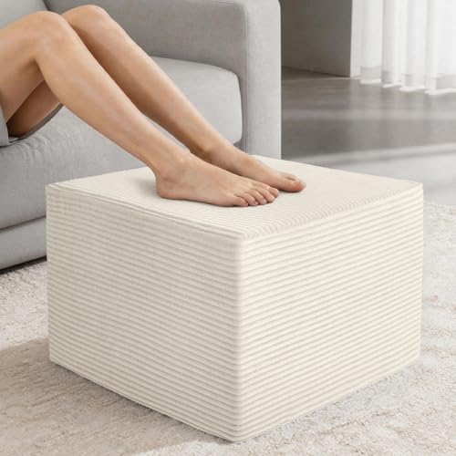 Stuffed Square Pouf Ottoman, 19.69 * 19.69 * 14.76 Inch Foot Rest with Odorless Solid Foam Core, Supportive Footstool with Removable Corduroy Cover for Living Room, Beige - color: Beige-small