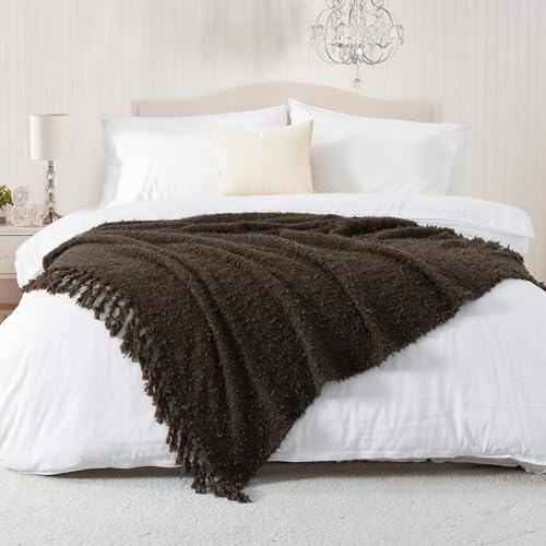 Knit Throw Blanket Fluffy Fuzzy Soft Lightweight Cozy Farmhouse Tassels Chunky Knitted Throws for Couch Sofa Bed (Brown, 50"x60") - color: Brown, size: 50"x60"