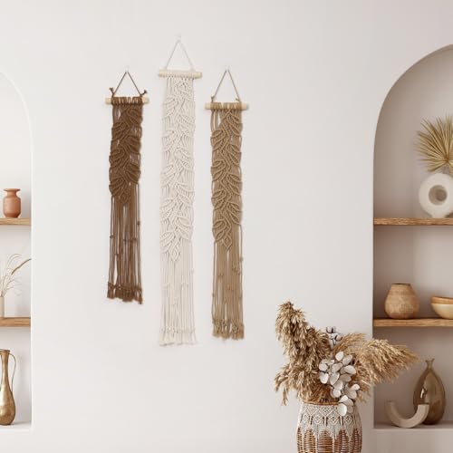 HVEST 3 Pcs Small Macrame Wall Hanging Boho Decor Handmade Woven Tapestry for Bedroom, Brown Macrame Wall Art for Living Room Nursery Apartment Office Home Decor - color: Brown Beige
