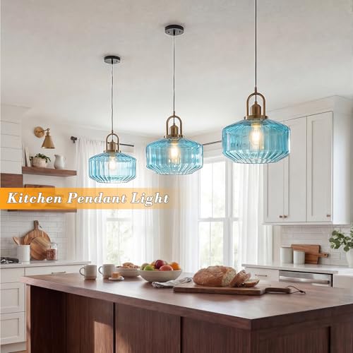 11.8in Mid Century Modern Pendant Light, Gold Large Blue Glass | Vintage Lighting Fixture Ceiling Hanging Lamp for Kitchen Island Foyer Dining Room Bedroom Entryway Hallway Over Sink Table - color: Blue & Gold Hardwire, size: 11.8in