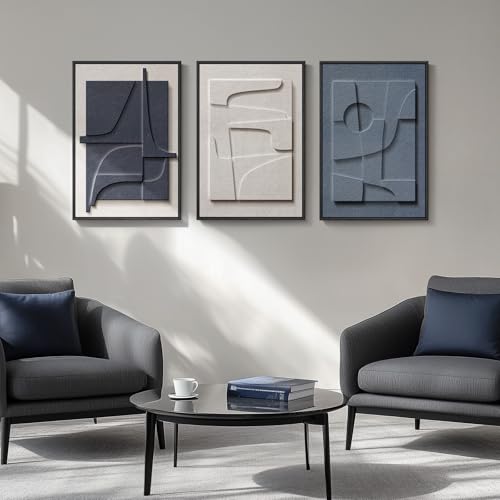 3D Textured Framed Blue and White Abstract Wall Art, 3 Piece Modern Artwork for Walls, Minimalist Navy Blue Geometric Wall Paintings for Living Room, Bedroom, Dining Room, Office Wall Decor 16x24 In - color: Blue White, size: 16"w X 24"h X 3pcs