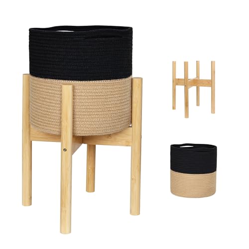 Plant Basket with Stand, Indoor Round Wicker Basket Plant with Bamboo Wood Stand, Decorative Black Woven Cotton Rope Flower Indoor Planter with Legs, Boho Bamboo Wood Planter Holder - color: Black and Jute