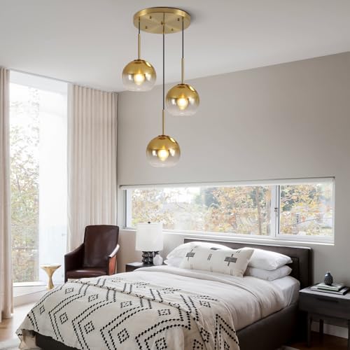 Mikeru Modern Gold Glass Chandelier, 3 Light Cluster Pendant Light Fixtures Kitchen Island Lighting Kitchen Island Pendant Lighting Hanging Lights Multi Light Large Pendant Lighting（Without Bulb） - color: Gold-3 Light
