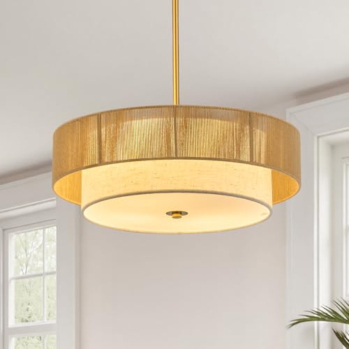 VONLUCE 17.7" Boho Rattan Chandelier, 4-Light Drum Chandelier with 2-Tier Woven Rattan Ceiling Light for Dining Room Bedroom Living Room with E26 Sockets, Gold Finish, ETL Certified - color: Gold, size: 18inch