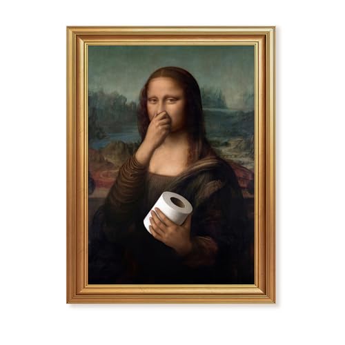 ICHZUMW Gold Framed Funny Mona Lisa Toilet Paper Canvas Wall Art, Quirky Humorous Parody Painting Wall Decor, Ready to Hang for Bathroom Restroom Powder Room, 12x16in - color: Funny Mona Lisa, size: 16"L x 12"W