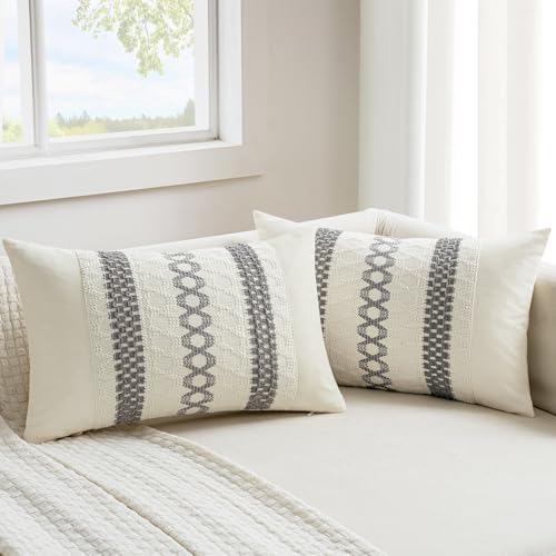 MIULEE Set of 2 Gray Boho Decorative Lumbar Pillow Covers 12x20 Inch Farmhouse Rustic Couch Throw Pillows Modern Cotton Cushion Covers Retro Cute Macrame Woven Spring Home Decor for Bed Sofa Chair - color: Gray, size: 20" x 12" (Pack of 2)