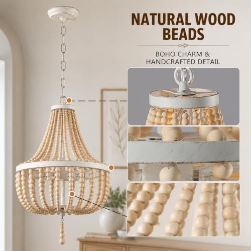 3-Light Mini Bohemian Wood Beaded Chandelier Pendant Boho Light Fixture,Antique Metal Finish Natural Color Wooden Beads, for Bathroom,Living Room,Entryway and Bedroom… - color: White distressed, size: Hardwired-3 Light