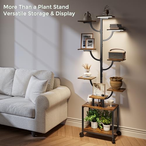 Plant Stand Indoor with Grow Lights - 9-Tier Plant Stand with Wheels, Tall Metal and Wood Indoor Plant Shelf with Tree Design, Rolling Flower Pot Holder Rack with Waterproof Finish, Adjustable Display Stand for Home Garden, Patio, 62" Tall - size: 62in