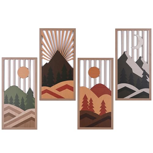 suruim Boho Wall Art Set of 4, Abstract Geometric Wooden Wall Decor, Mid-Century Modern Aesthetic Artwork with Arch, Vase & Botanical Design for Modern Home Decor for Bedroom, Office & Living Room(F) - color: F