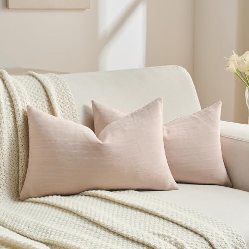 FUTEI Pack of 2 Chenille Decorative Throw Pillow Covers 12x20 Inch,Soft Crushed Striped Texture Lumbar Pillow Cases,Modern Home Decor for Couch Bed Living Room,Pink - color: Pink, size: 20" x 12" (Pack of 2)
