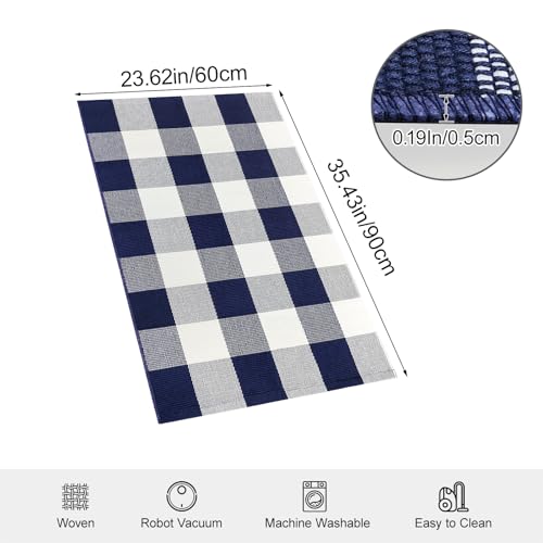 Buffalo Plaid Outdoor Rug 2 x 3 Navy and White Cotton Checkered Rug, Front Door Mat Washable Small Throw Rug for Outdoor Indoor Kitchen Entryway Patio Bathroom Farmhouse Decor Area Rug - color: Navy and White, size: 2‘×3’