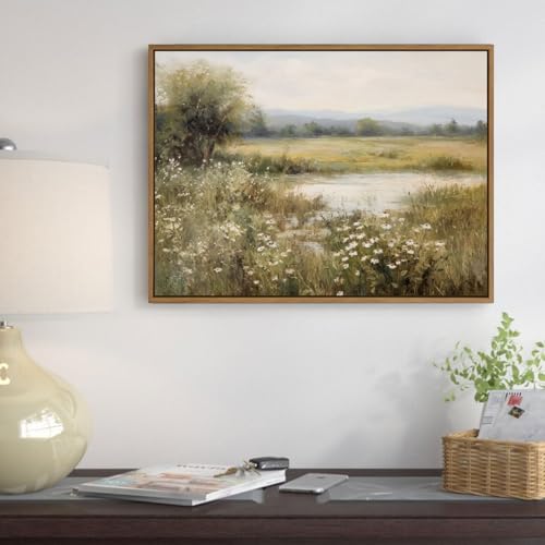 Vintage Landscape Wall Art Spring Wildflower Field Pictures Wall Decor Rustic River Pond Painting Prints Nature Wilderness Scenery Poster Framed for Bedroom Bathroom Home Kitchen Decoration 12x16 Inch - color: Rustic Pond River, size: 16"L x 12"W