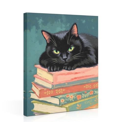 Funny Cat Lying on Books Canvas Wall Art, Cat Aesthetic Framed Art Paintings Wall Decor Cats Lover Prints Picture for Living Room Dining Room Bedroom Farmhouse Decor 11.5x15 Inch - color: Multi 1393
