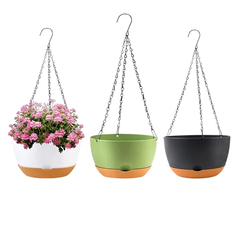 KPUVX 10 inch Hanging Planters for Indoor Outdoor Plants with Self-Watering Pots, 3 Pack Plastic Hanging Basket with Removable Tray for Home Garden Porch Balcony Patio Decor(White+Black+Green) - color: Multicolor, size: 10 inch