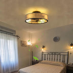 20" Caged Ceiling Fan With Light Low Profile Fabric Farmhouse Bladeless Ceiling fan With Remote Control,Low Profile Modern Enclosed Ceiling Fans with Reversible Motor for Bedroom,Include 4 Bulbs - color: Brown