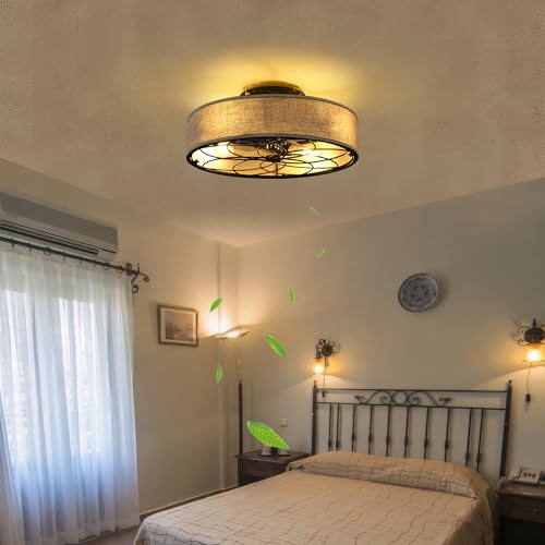 20" Caged Ceiling Fan With Light Low Profile Fabric Farmhouse Bladeless Ceiling fan With Remote Control,Low Profile Modern Enclosed Ceiling Fans with Reversible Motor for Bedroom,Include 4 Bulbs - color: Brown