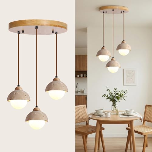 Wabi Sabi Pendant Light, Japandi Light Fixture Dome Chandelier, Modern Farmhouse Travertine Ceiling Hanging Lamp - Yellow Stone & Natural Wood (Log Color 3-Light,5.9IN-A) - color: Log Color 3-Light, size: 5.9IN-A