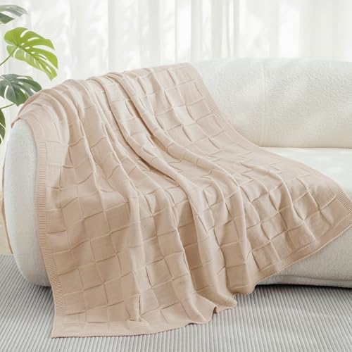 Whale Flotilla Checkered Knit Throw Blanket for Couch, Soft Decorative Knitted Blankets for Sofa Bed, Lightweight Cozy Throws for Spring Summer, 50x60 Inch, Camel - color: Camel, size: 50x60 Inch