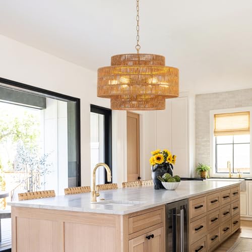 23.6" Rattan Chandelier Light Fixture,6-Light Vertical Woven Rattan Chandelier, 3-Tier Drum Hand-Woven Boho Light Fixture for Dining Room, Bedroom, Kitchen Island, Foyer - color: Gold-A 23.6"