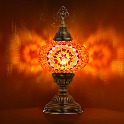 Turkish Lamp, Mosaic Table Lamp, Antique Moroccan Decorative Glass Bohemian Vintage Lamp Shade, Small Desk Tiffany Bedside Stained Glass Lamp with US Plug and E12 Socket - color: Orange Red-6