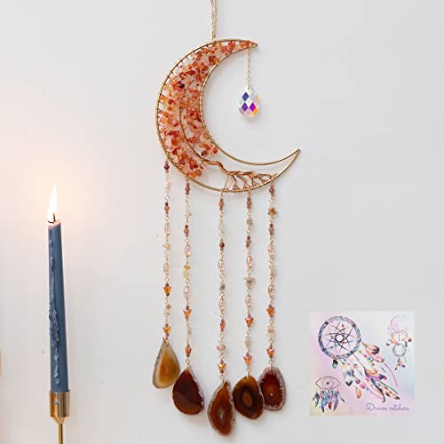 Agate Moon Dream Catchers with Crystal 7 Chakra Gemstone Dream Catchers Color Natural Gem Agate Wall Hangings Room Garden Dreamcatchers Decor (Orange) - color: Orange