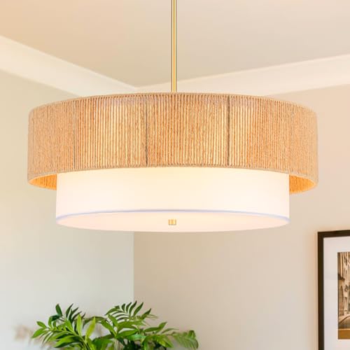 24'' Farmhouse Rattan Chandeliers for Dining Room,3-Light Boho Light Fixtures Rattan Pendant Light Fixture with Fabric Shade Drum Chandeliers for Bedroom Dining Room Foyer Kitchen Hallway - color: Gold, size: 24 inch Drum