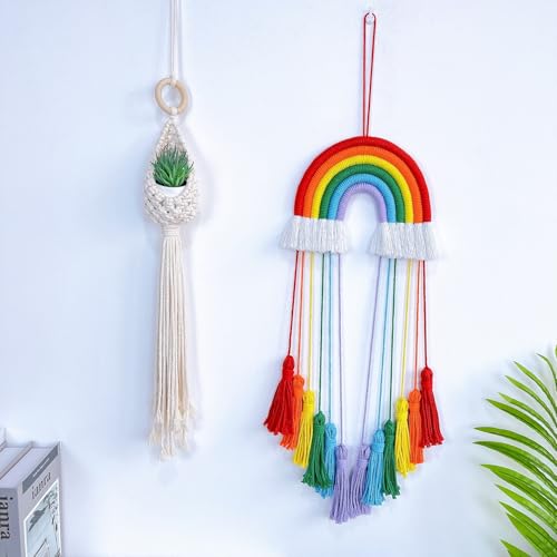 Rainbow Macrame Wall Hanging - Hand-Woven Cotton Tassel Tapestry Decor for Baby Room, Nursery, and Home Decor (Red Rainbow) - color: Red Rainbow