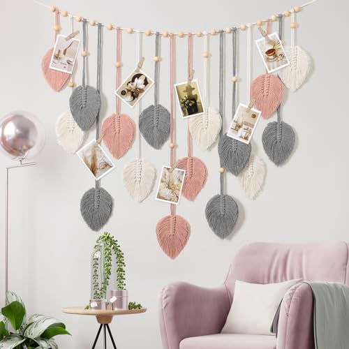 Betylifoy Macrame Wall Hanging Boho Leaves Tapestry Chic Bohemian Feather Wall Art Decor Handmade Yarn Woven Pink Leaf Tapestry Macrame Wall Decor for Bedroom Living Room Nursery Office Backdrop (Pink Gray) - color: Pink