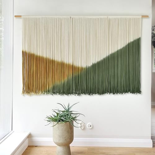 Flber Macrame Wall Hanging Large Yarn Wall Art 57" W x 31" L Modern Bohemian Home Décor for Living Room or Bedroom - color: Green Yellow