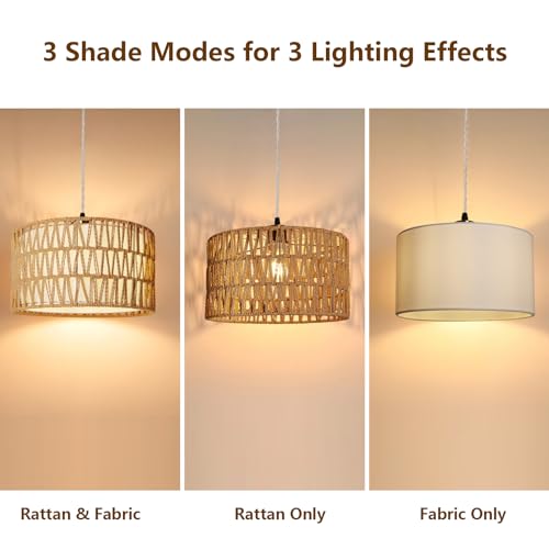 HuisMier Plug in Pendant Light Rattan Hanging Lamp 15 Ft Boho Hanging Lights with Rattan Woven & Fabric 2 in 1 Shade, Dimmable Plug in Pendant Light for Living Room Bedroom Dining Room - color: Beige and White