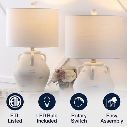 JONATHAN Y 20.5" White Ceramic Pottery Jar Table Lamp Set of 2 for Bedroom Living Room, Rustic Coastal French Country Cottage Style, White Linen Shade, LED Bulbs Included JYL5502A-SET2