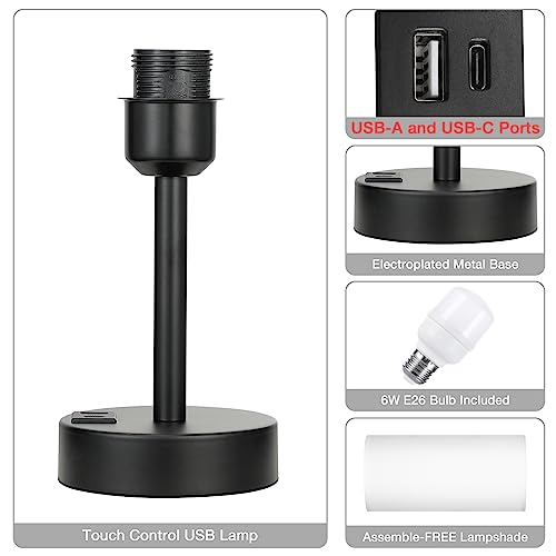 Dicoool Bedside Touch Table Lamps for Bedroom Nightstand with USB-C USB-A Charging Ports White, 3 Way Dimmable Small Lamp Fabric Shade Black Base for Office, Living Room, Dorm Room Reading - color: White-Black Metal, size: 14in